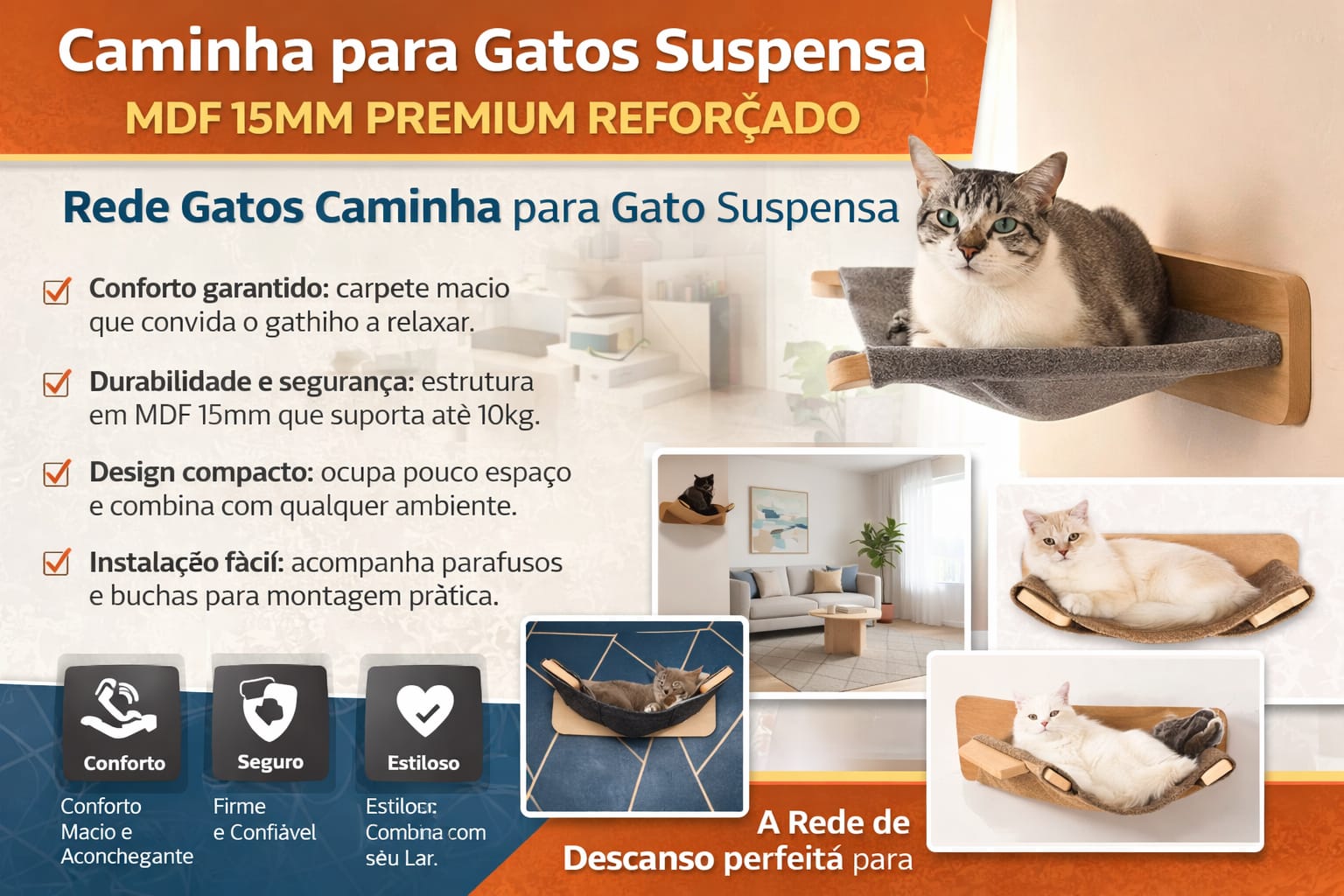 Caminha para Gatos Suspensa MDF 15MM PREMIUM REFORÇADO Rede Gatos Caminha para Gato Suspensa